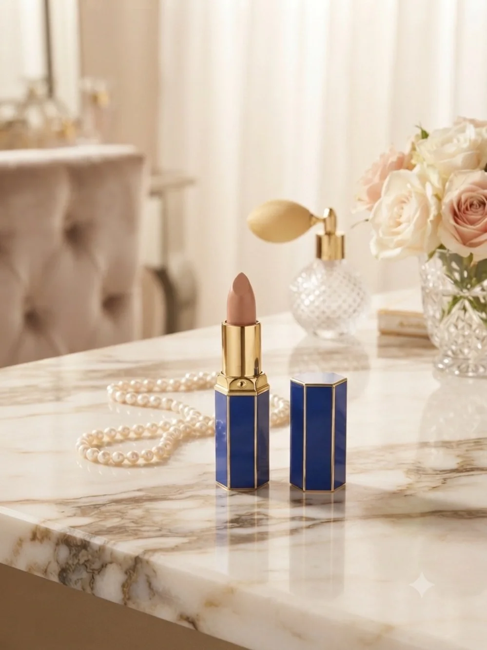 Dior Blue Gold-Trim Lipstick Case with Nude Lip Color